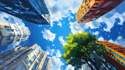 Wall Mural - Digital rendering of a cityscape with reality - warping architecture, featuring tall buildings and a green tree against a blue sky with white clouds. Warped Reality Paintings. Illustration