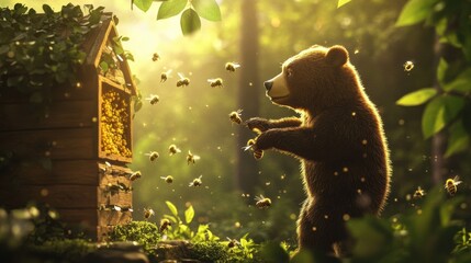 Poster - Bear interacts with bees near a honey hive in a sun drenched forest during golden hour. Generative AI