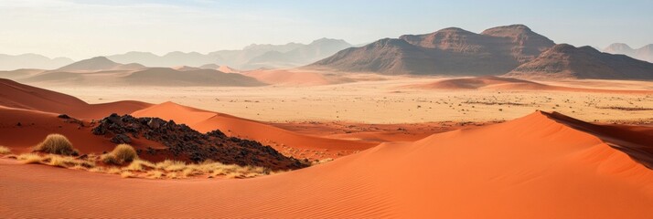Aufkleber - Vast expanse of orange sand dunes with distant mountains in the Namib Desert at dawn. Generative AI