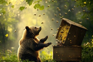 Poster - Bear interacting with bees near a wooden hive in a sunlit forest setting. Generative AI