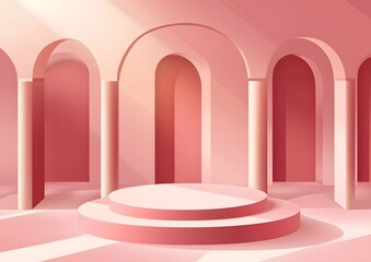 Poster - Pastel arches, sunlit podiums, empty interior, digital art