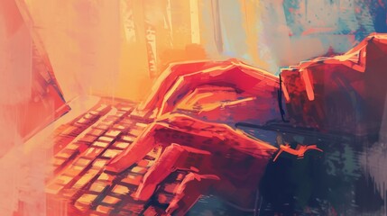 Aufkleber - A colorful abstract digital painting of hands actively typing on a keyboard, representing creativity, energy, and digital communication. The bold strokes enhance the dynamic feel. AI generated.