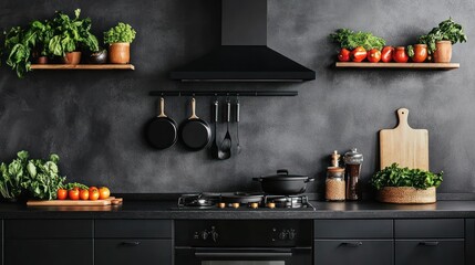 Wall Mural - Dark kitchen, herbs, vegetables, cooking, shelves, modern design, interior, food prep