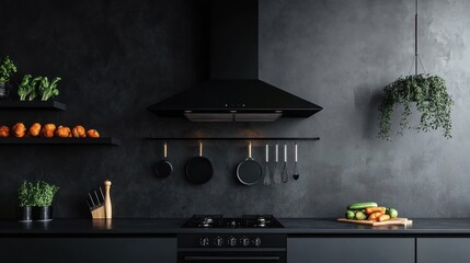 Wall Mural - Modern black kitchen range hood, minimalist design, concrete wall, cooking prep