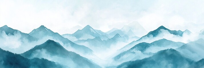 Poster - Mountains shrouded in mist create a serene atmosphere during an early morning in a tranquil landscape. Generative AI