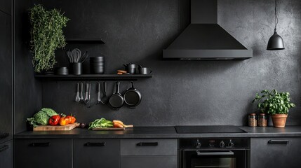 Wall Mural - Dark kitchen interior, minimalist design, cooking preparation, herbs, countertop