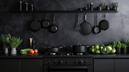 Wall Mural - Dark kitchen, black appliances, hanging pans, marble wall, cooking prep, food blog