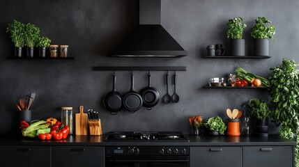 Wall Mural - Dark kitchen, cooking utensils, herbs, vegetables, stylish design, food prep, minimalist, background wall