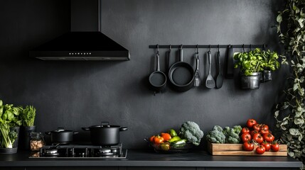 Wall Mural - Dark kitchen, cooking utensils, fresh vegetables, plants, wall-mounted range hood