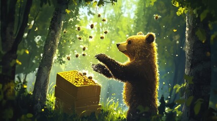 Poster - Brown bear interacts with bees while exploring a vibrant forest in daylight near a beehive surrounded by lush foliage. Generative AI
