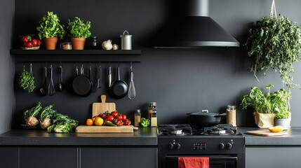 Wall Mural - Dark kitchen, cooking prep, herbs, vegetables, modern design