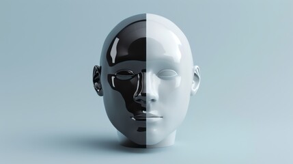 Aufkleber - A sleek, minimalist 3D-rendered futuristic face with a symmetrical split black and white color scheme, representing duality, technology, and artificial intelligence. AI generated.