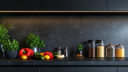 Wall Mural - Dark kitchen countertop, vegetables, spices, herbs, minimalist design, cooking prep, food blog