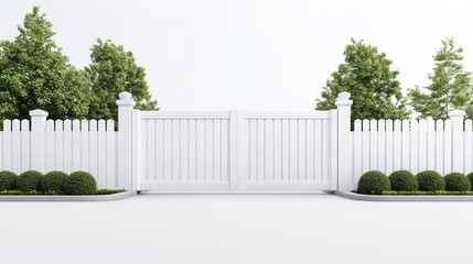 Wall Mural - Modern White Gate and Fence Surrounded by Lush Green Trees in a Bright Outdoor Setting