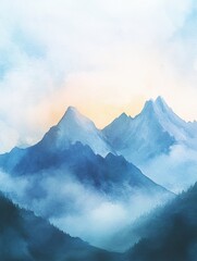 Poster - Majestic mountains rise above misty valleys during sunrise in a serene landscape. Generative AI