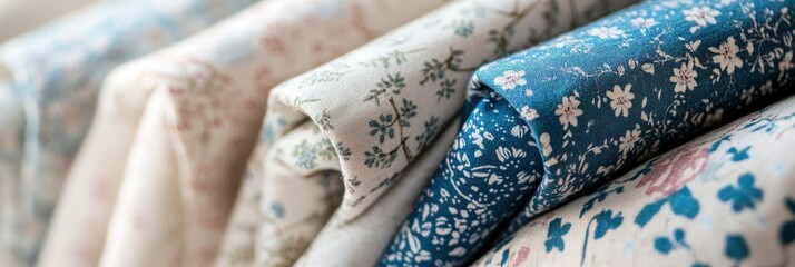 Poster - Close up view of beautifully patterned fabrics featuring floral and geometric designs with space for custom text. Generative AI