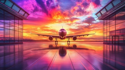 Leinwandbilder - Airplane at airport terminal facing vibrant sunset sky with colorful clouds reflecting on the ground. Generative AI