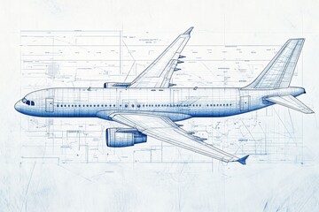 Fototapete - Detailed technical drawing of an airplane showcasing design elements and engineering specifications for aviation enthusiasts. Generative AI