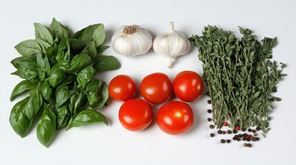 Fresh herbs, garlic, tomatoes, peppercorns on white