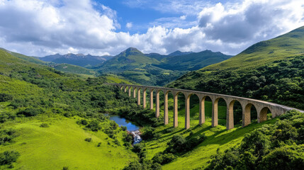 Sticker - Ancient aqueduct spanning lush valley with mountains in background