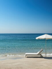 Fototapete - Relaxing beach getaway with a lounge chair and umbrella on calm ocean waves under a clear blue sky for summer enjoyment. Generative AI