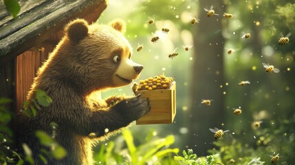 Poster - Curious bear exploring a wooden box filled with honey in a lush forest setting during sunny daytime. Generative AI