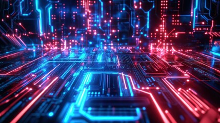 Poster - Game background with neon lights with intricate circuit board patterns, electric blue and red colors holographic interface wallpaper AI generated image