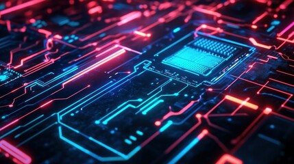 Poster - Game background with neon lights with intricate circuit board patterns, electric blue and red colors holographic interface wallpaper AI generated image