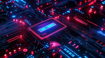 Poster - Game background with neon lights with intricate circuit board patterns, electric blue and red colors holographic interface wallpaper AI generated image