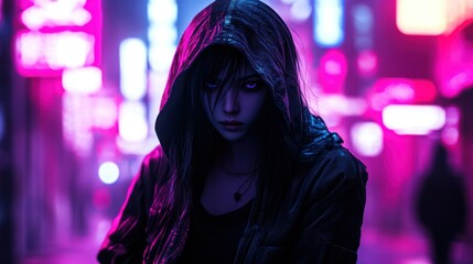 Wall Mural - A mysterious Asian woman with black hair under her hood, walking through the streets of a futuristic city background wallpaper AI generated image