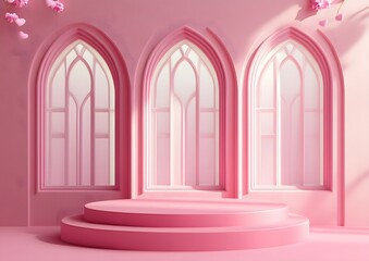 Poster - Pink arched window display podium with flowers