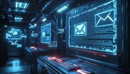 Poster - advanced flatscreen displaying flying mail, holographic interface with fastmoving notifications, neon accents in a hightech space