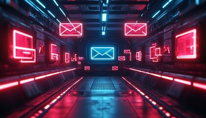 Poster - advanced flatscreen displaying flying mail, holographic interface with fastmoving notifications, neon accents in a hightech space