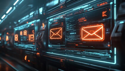 Poster - advanced flatscreen displaying flying mail, holographic interface with fastmoving notifications, neon accents in a hightech space