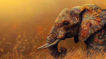 Poster - Colorful elephant blending with autumn grasslands during sunset providing a stunning visual encounter with nature. Generative AI