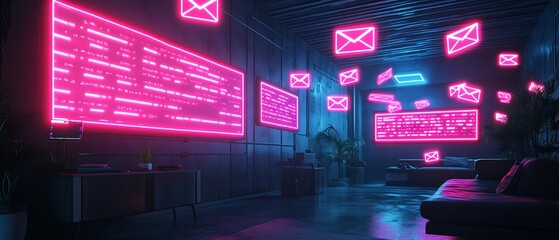 Poster - futuristic flatscreen with flying mail icons, glowing messages floating, digital communication interface, bright neon tones in a modern room