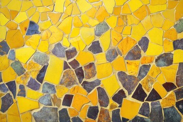 Abstract mosaic featuring yellow orange and blue geometric shapes