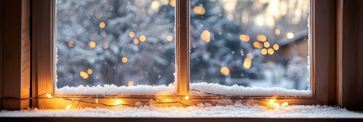 Wall Mural - Warm glow of lights through a snowy window during winter evening. Generative AI