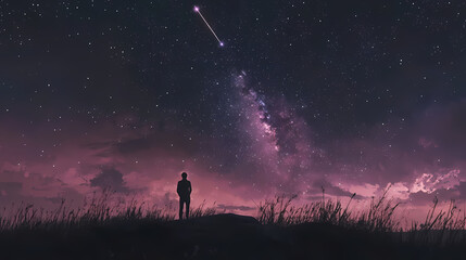 majestic night sky: silhouette of falling star with sparkling trail, rule of thirds composition. eth