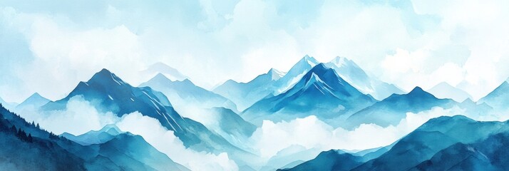 Fototapete - Mountain landscape with blue watercolor tones showcasing serene peaks and misty valleys in a tranquil setting. Generative AI