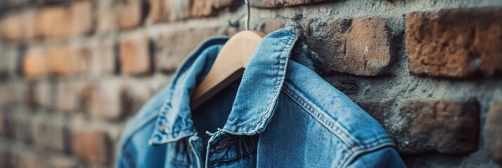 Poster - Denim clothing displayed against a rustic brick wall creating a stylish urban backdrop for casual fashion. Generative AI