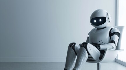 Aufkleber - A small humanoid robot with glowing eyes sits in a futuristic chair, gazing forward. The minimalistic setting and soft lighting create a blend of modern technology and sci-fi aesthetics. AI generated.
