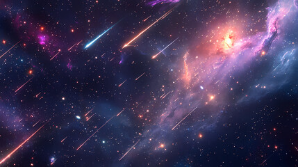 Wall Mural - Celestial shower a stunning display of shooting stars and distant galaxies on deep night sky. Ethereal Meteor Showers. Illustration