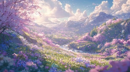 Poster - Serene Spring Landscape with Cherry Blossoms and Mountain Backdrop