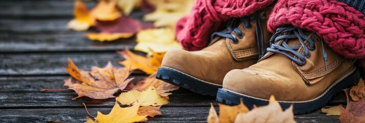 Aufkleber - Cozy autumn boots resting on a wooden surface surrounded by colorful fallen leaves. Generative AI