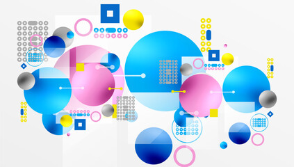 Poster - Minimalistic abstract vector design, layered geometric shapes circles, squares, and triangles with soft pastel gradients and semi-transparent effects. Perfect for contemporary use