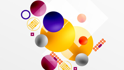 Poster - Minimalistic abstract vector design, layered geometric shapes circles, squares, and triangles with soft pastel gradients and semi-transparent effects. Perfect for contemporary use