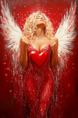 Wall Mural - A woman in a red dress is holding a heart. She is wearing a red dress and is holding the heart in her hand. The heart is red and he is made of some sort of material