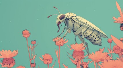 Aufkleber - A highly detailed robotic insect, resembling a mechanical wasp, interacts with vibrant flowers in a surreal, sci-fi-inspired environment. AI generated.