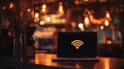 Poster - A dimly lit cafe scene with a laptop showing a bright WiFi icon, warm lights reflecting on the table.